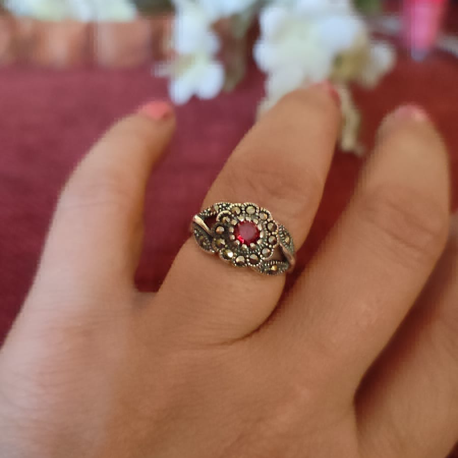 Red Flower Marcasite Ring